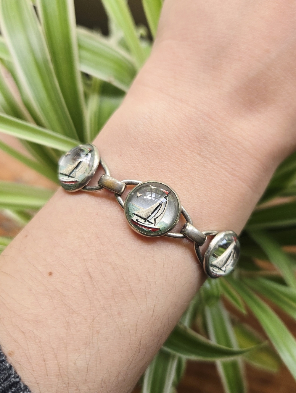 Vintage Silver Cabachon Nautical Sailboat Bracelet